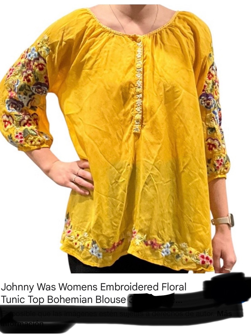 Johnny Was Yellow Embroidered Floral Peasant Tunic
